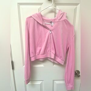 Pink Velvet Cropped Zip Up Sweatshirt